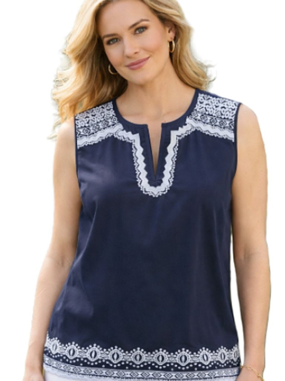 Talbots Petite Navy Split Neck Embroidered Sleeveless Cotton Top Blouse XLP